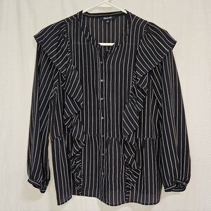 Madewell 100% Silk Black & White Stripe Ruffle Button Front Blouse Size M